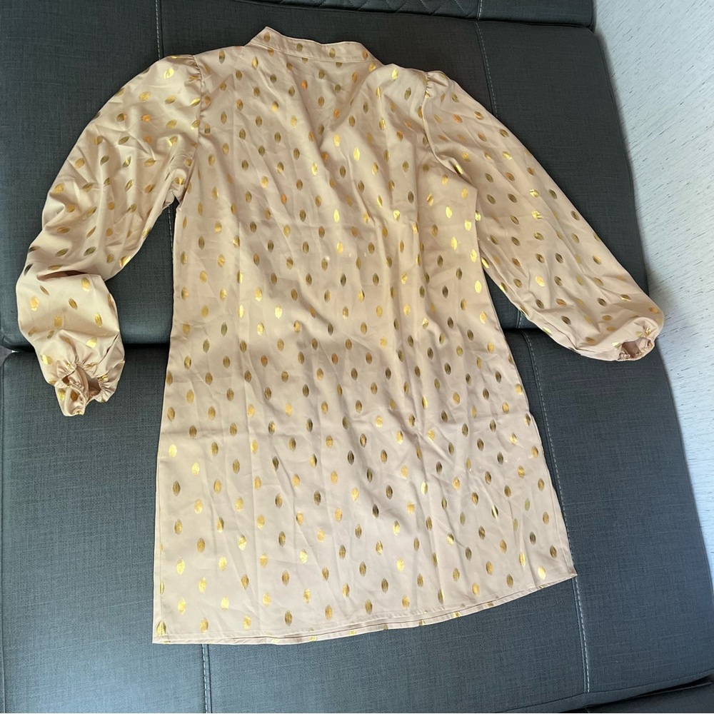 Elegant Polka Dot Notched V Neck Long Sleeve Tunic Dress Blouse modest layer - Picture 9 of 15
